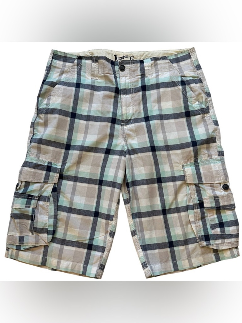 Roebuck and Co Plaid Cargo Bermuda Shorts in Mint Green & Gray men’s 36 X 14